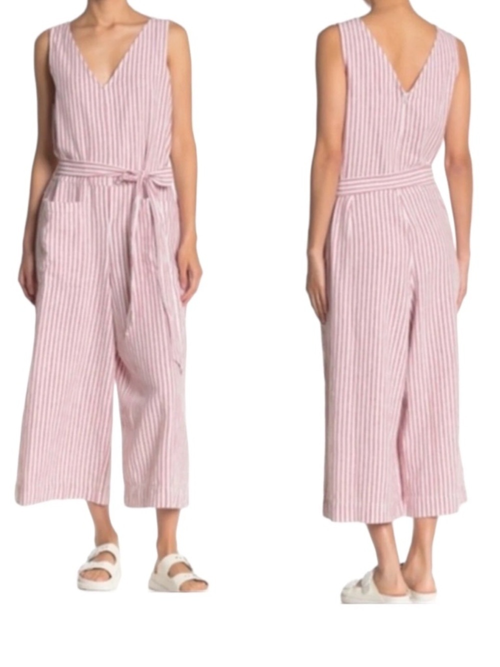 Beach Lunch Lounge Lennon Tie Waist V Neck Pinstriped Cropped Jumpsuit Size XL